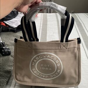 Marc Jacobs Tan Canvas Tote with Black Striped Handles